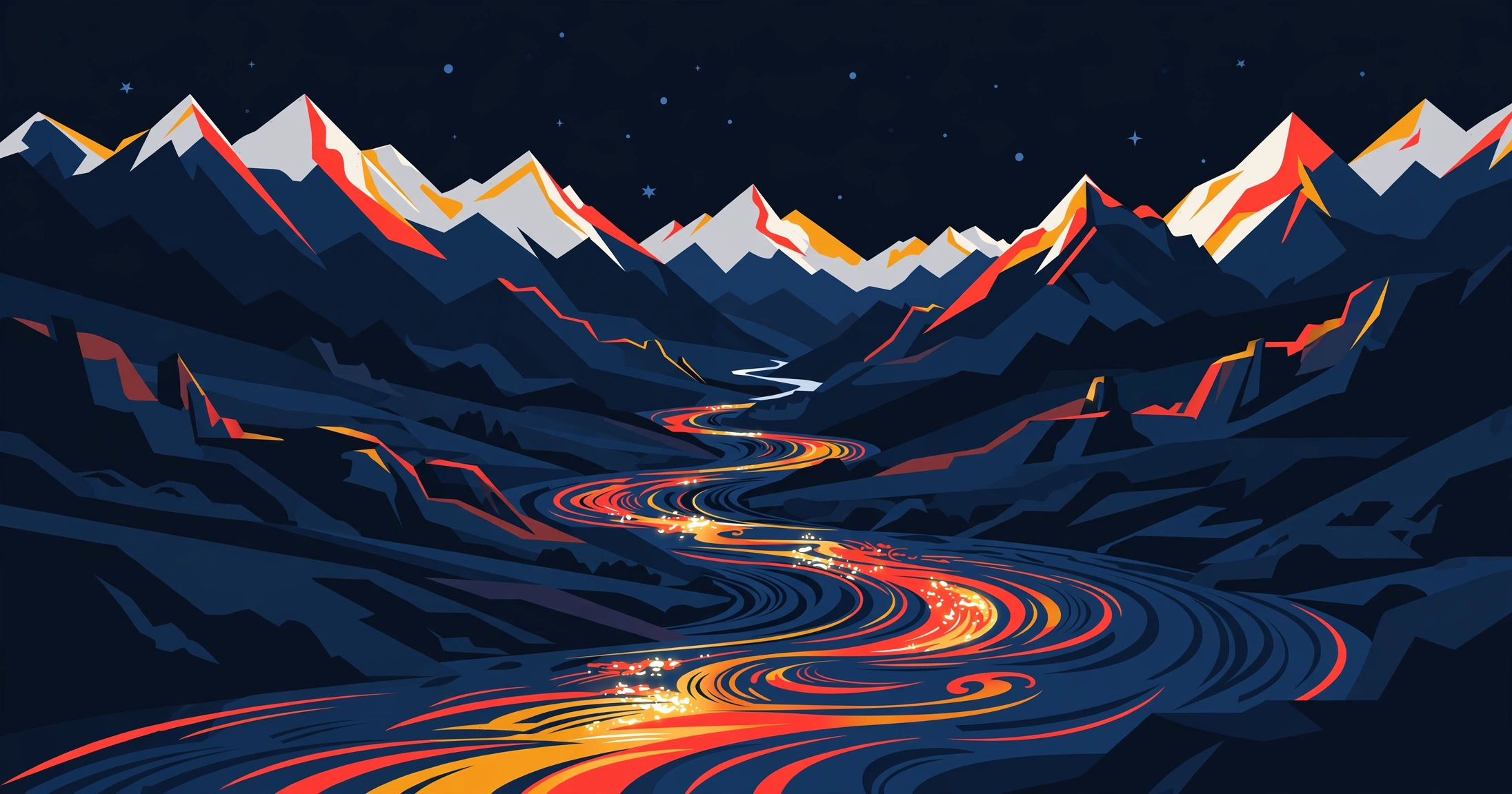 Stylised illustration of a Himalayan valley at night with a surging flood river, in dark navy with red and amber accents.