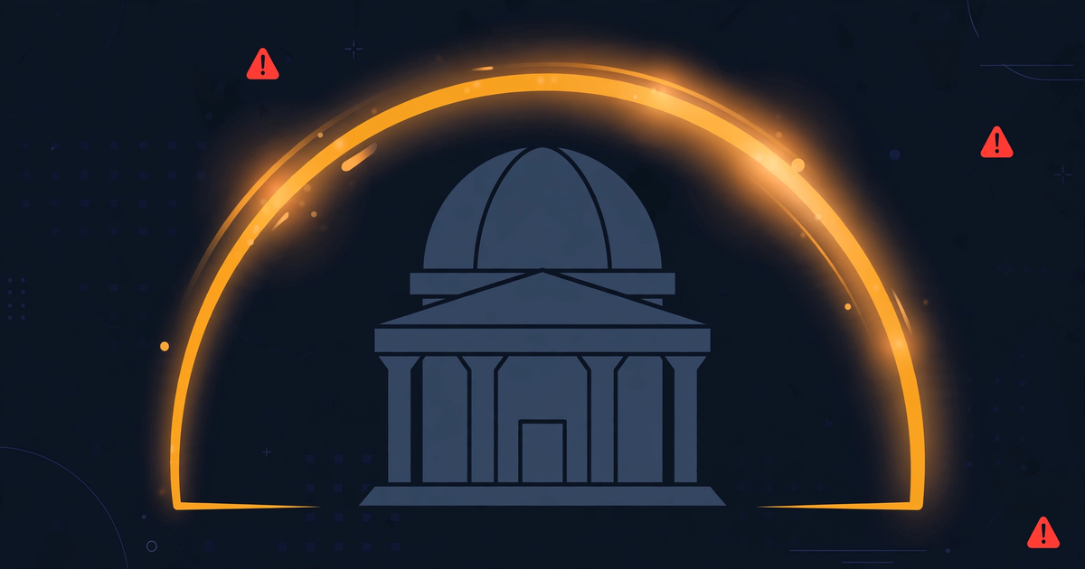 Abstract illustration of a warning beacon over a dark city map in navy, red and amber