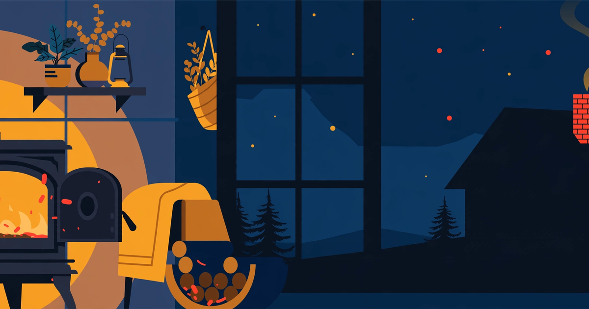 Winter fire safety illustration: a wood stove with a swept chimney, a space heater with a one-metre clear zone, and a wall socket — in navy and amber